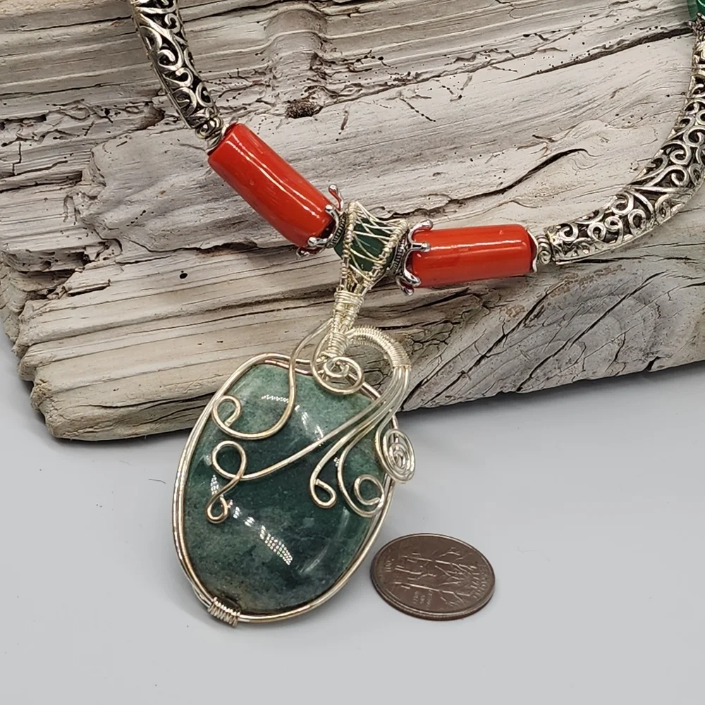Designer Silver Necklace Natural Malaysia Green Jade Pendant Red Coral